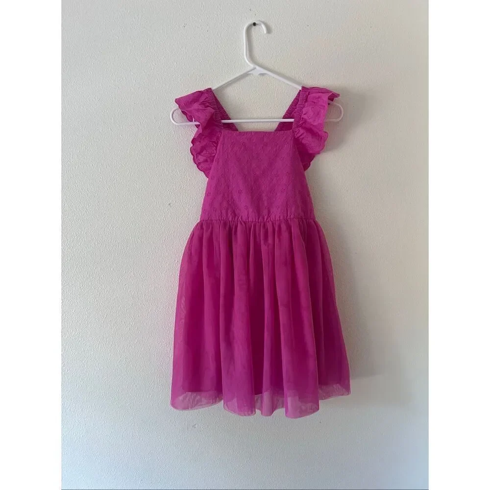 Cat & Jack Girls Ruffle Sleeve V Strap Eyelet Tutu Dress Size 10-12 Hot Pink